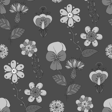 Çiçekler, gri arka planlı, tek renkli seamless modeli el çekilmiş çiçek doku