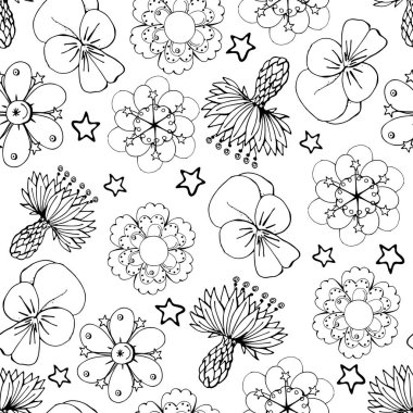 seamles desen beyaz arka plan üzerinde siyah beyaz çiçekli