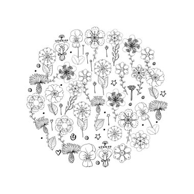 tek renkli daire renkli çiçekler ve beyaz arka plan üzerinde izole yaprakları yapılmış. Çizilmiş çiçek öğeleri kümesi.