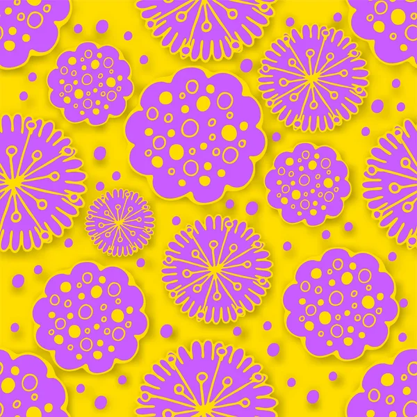 Colorful seamless pattern with flowers, yellow background, hand drawn floral texture