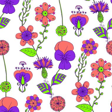 Çiçekler, beyaz arka plan ile renkli seamless modeli el çekilmiş çiçek doku