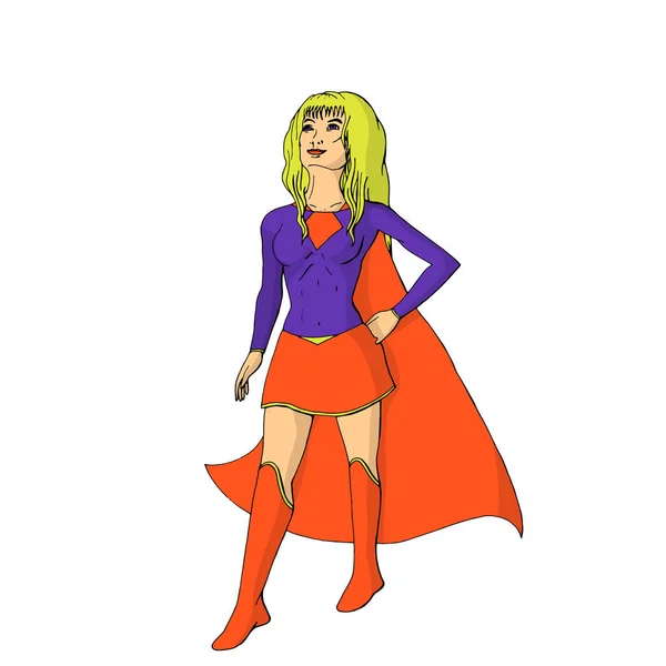 Super hero girl with long cape is standing - Stok Vektor