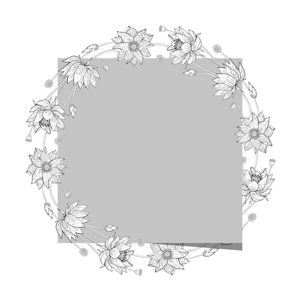 Corona Flores Loto Borde Floral Decoración Redonda Elementos Diseño Botánico — Vector de stock