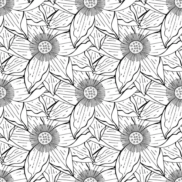 Patrón floral sin costuras con flor de loto monocromo — Vector de stock