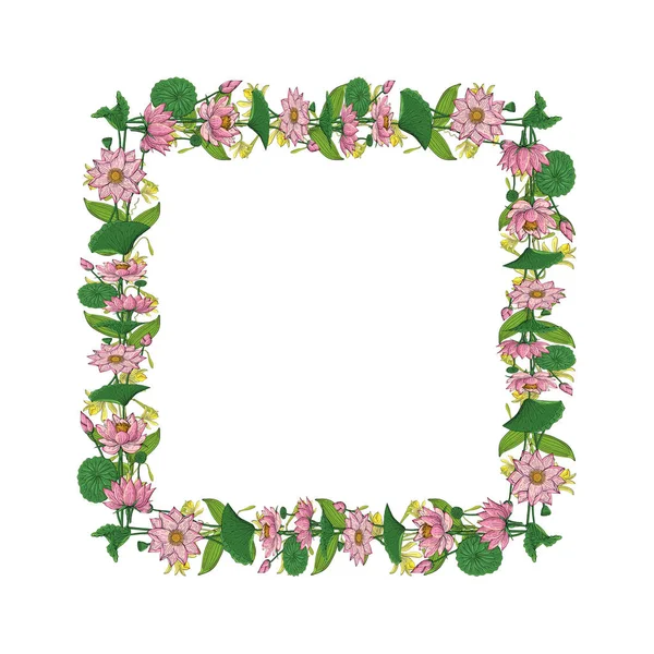 Wreath from lotus flowers, floral square decoration border, botanical design elements