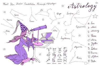 El çekilmiş stargazer astrolog kız uzun saçlı ve elbise için teleskop arıyor