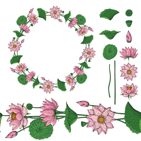 Kranz Und Nahtloser Pinsel Aus Lotusblume Floraler Runder Dekorationsrand Botanische — Stockvektor