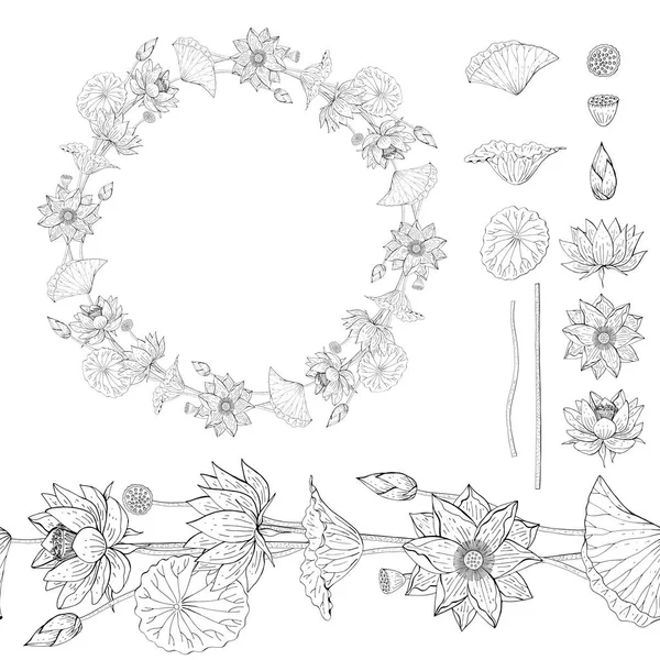 Couronne Noire Blanche Pinceau Sans Couture Fleur Lotus Bordure Décoration — Image vectorielle