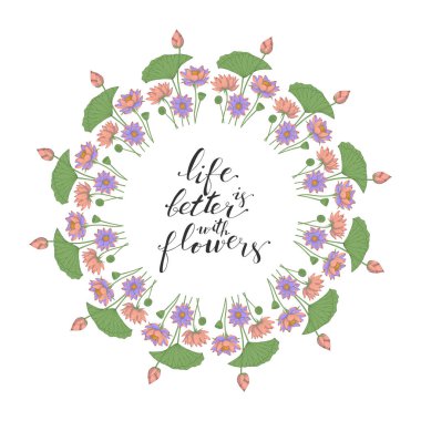 Beyaz arka planda, lotus çiçek dekorasyon, çiçek motifi ile kart şablonu el hayat yazı çiçeklerle iyidir