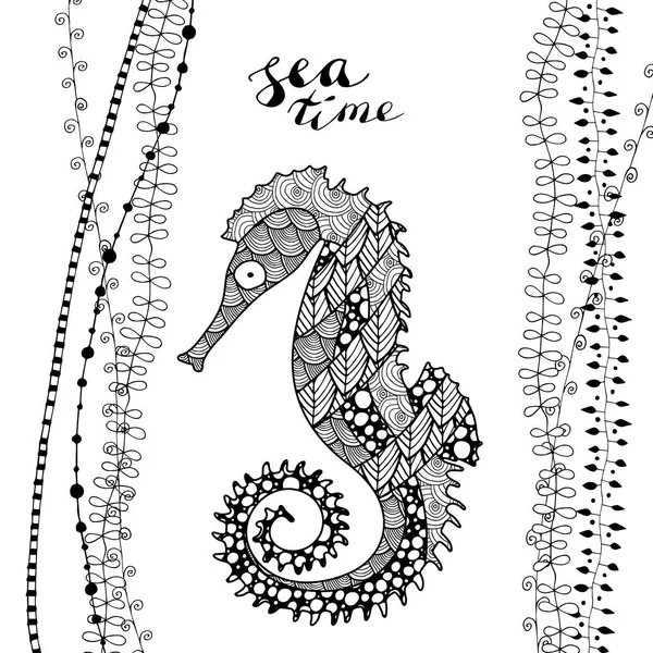 Zen sztuka styl morze koń na odręczny napis morze czasu — Wektor stockowy