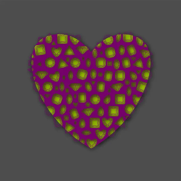 Ευχετήρια κάρτα με πολύτιμους λίθους μοτίβο σε σχήμα καρδιάς που απομονώνονται σε — Διανυσματικό Αρχείο