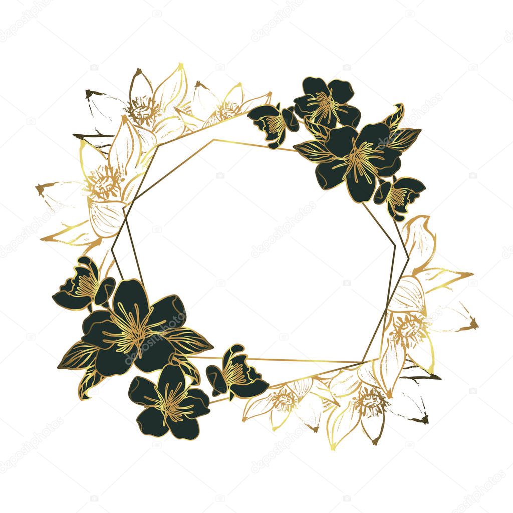 Botanical garland from lotus flowers, vintage floral wreath with