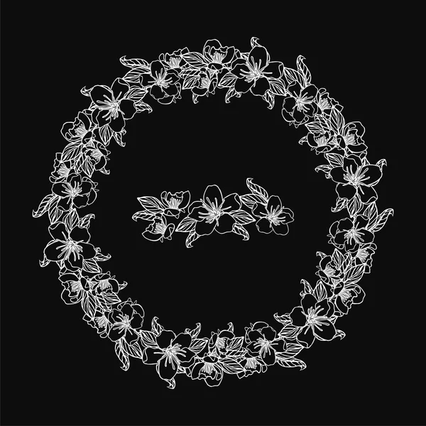 Floral diseño elemento corona de flores de cerezo, aislado en bl — Vector de stock