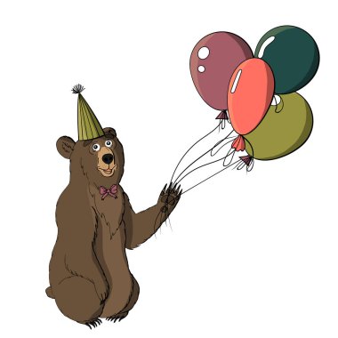 boz ayı balonlar tutan koni doğum günü şapkalı. w izole