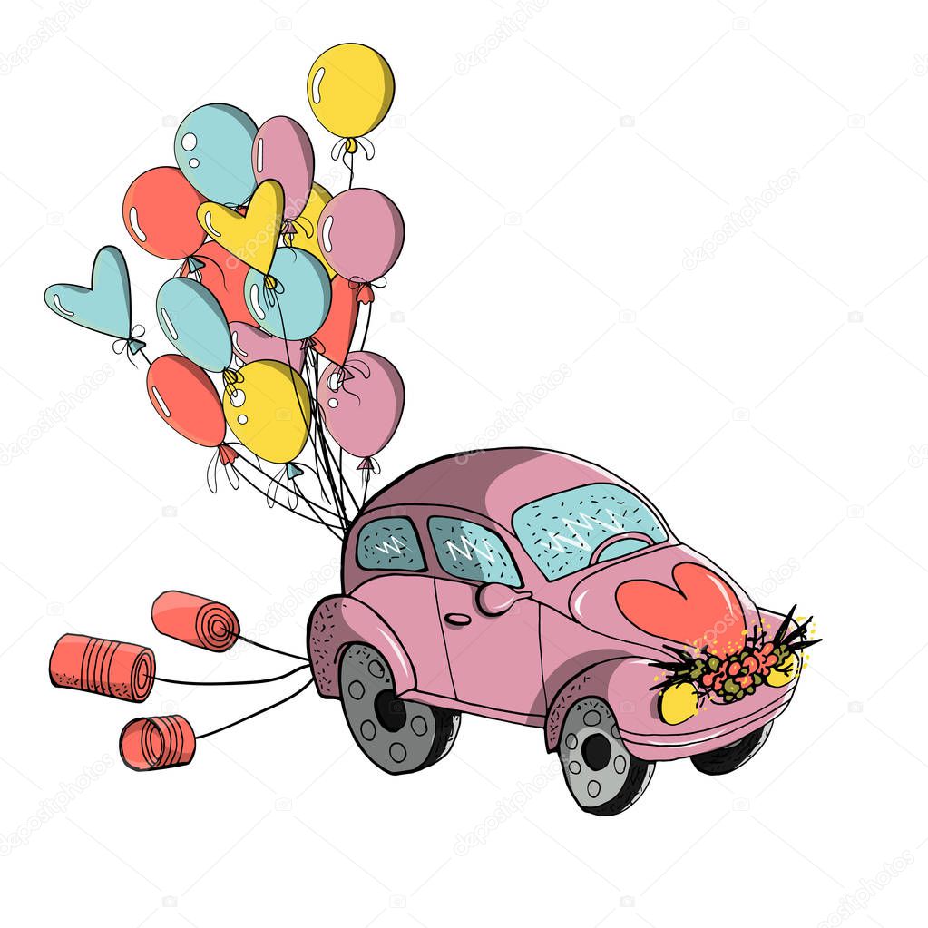 wedding clipart. small retro car decorated with tin cans and col