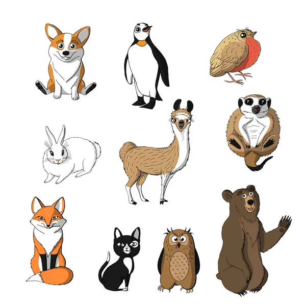 Conjunto de animales lindos aislados sobre fondo blanco. — Vector de stock