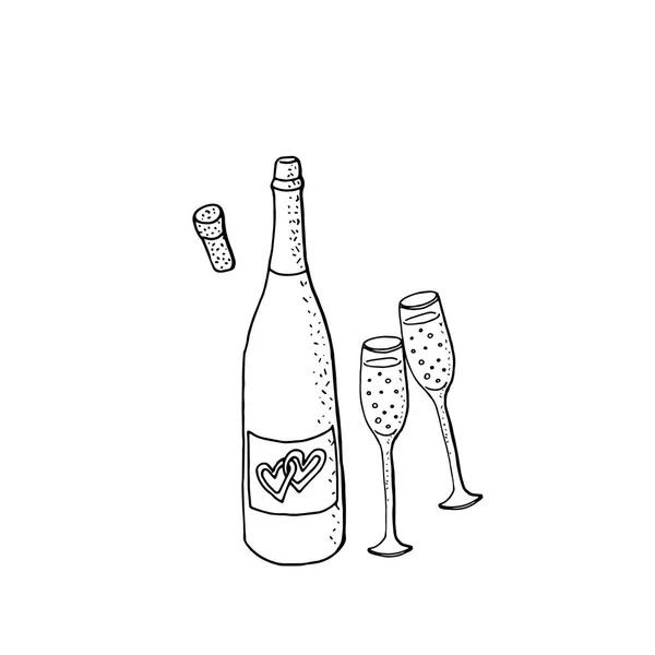 Clipart de boda con botella de vino verde y dos copas de espumoso — Vector de stock