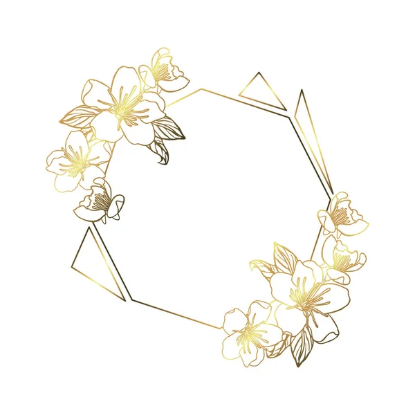 Ботаническая гирлянда из яблоневых цветов, винтажный цветочный венок с золотой многоугольной рамой — стоковый вектор