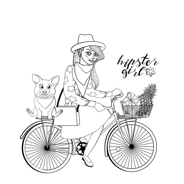 Hermosa chica hipster joven con un corgi, en traje vintage elegante montar bicicleta hipster vintage con cesta . — Vector de stock