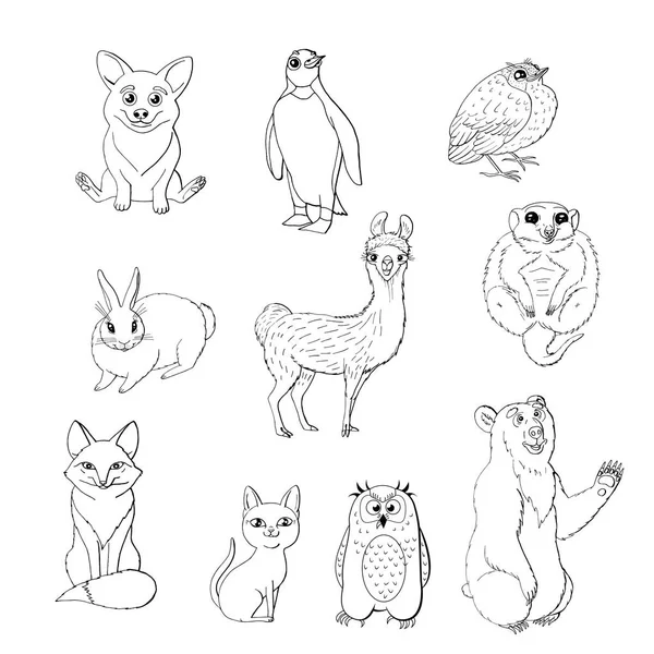 Conjunto de animales lindos aislados sobre fondo blanco. zorro rojo, búho, conejo, suricata, gato, corgi, pájaro, pingüino y oso . — Vector de stock