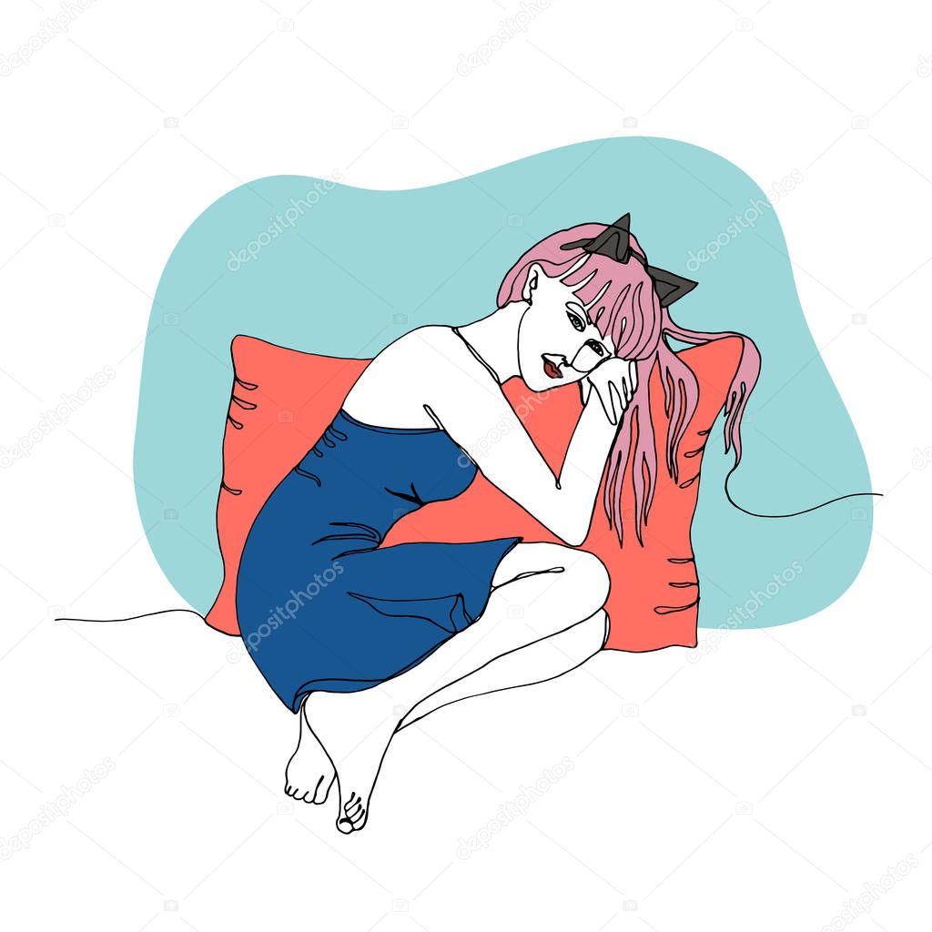 Attractive girl is sitting with a pillow, hand drawn pen one line art, single line drawing, isolated on white background. Stock vector illustration.