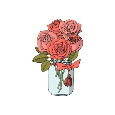 Gül çiçekleri el çizilmiş doodle tarzı buketleri.