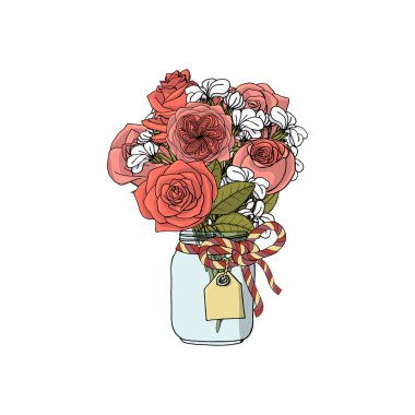 Farklı çiçeklerin el çizilmiş doodle tarzı buketleri: gül, stok çiçek.