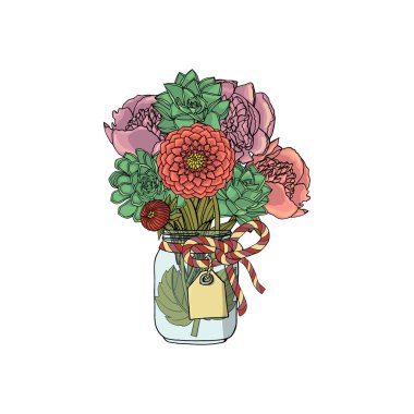 Farklı çiçeklerin el çizilmiş doodle tarzı buketleri izole