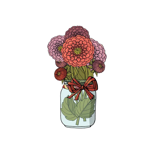 Bouquets de estilo doodle desenhado à mão de flores dahlia . —  Vetores de Stock