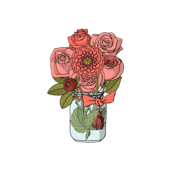 Ramos de garabatos dibujados a mano de diferentes flores, rosas y dhalias . — Vector de stock