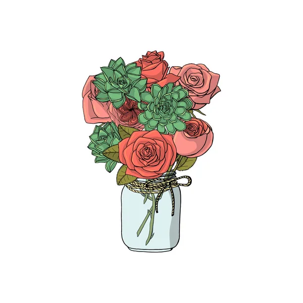 Ramos de garabatos dibujados a mano de diferentes flores: rosas, suculentas . — Vector de stock