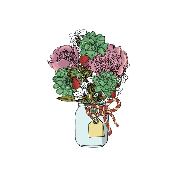 Handritade Doodle stil Buketter av olika blommor isolerade — Stock vektor