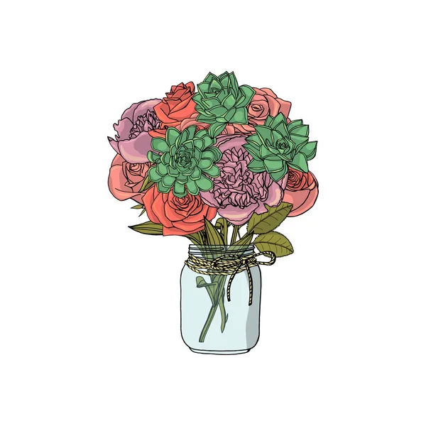 Handgezeichnete Sträuße im Doodle-Stil mit verschiedenen Blumen: Sukkulente, Pfingstrose, Rose. — Stockvektor