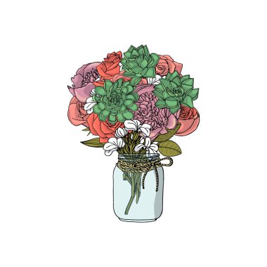 Farklı çiçeklerin el çizilmiş doodle tarzı buketleri izole