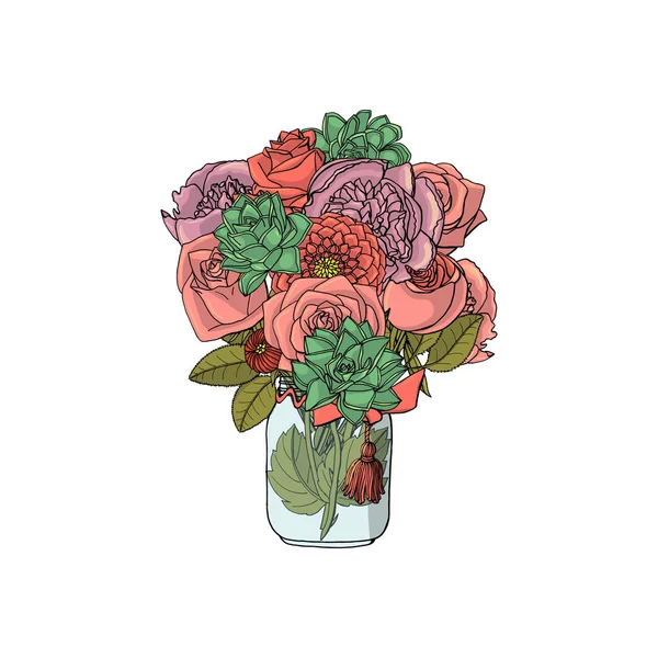 Handritade Doodle stil Buketter av olika blommor isolerade — Stock vektor