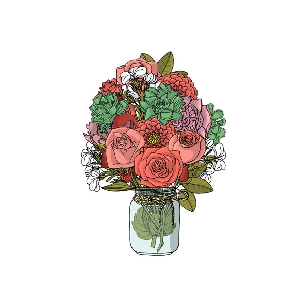 Hand getrokken doodle stijl boeketten van verschillende bloemen geïsoleerd — Stockvector