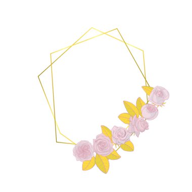 Elle çizilmiş doodle tarzı çokgen çelenk, vintage geometrik çerçeve ile çelenk gül çiçekleri çelenk çizilmiş.