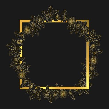 El çizilmiş doodle tarzı altın gül çiçekleri kare çerçeve etrafında çelenk çizilmiş. çiçek tasarım elemanı.