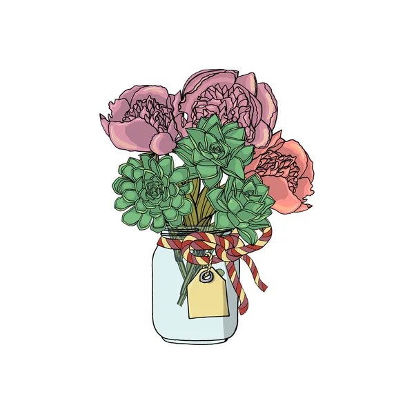 다른 꽃, 모란, 다육 식물의 손으로 그린 낙서 스타일의 꽃다발. — 스톡 벡터