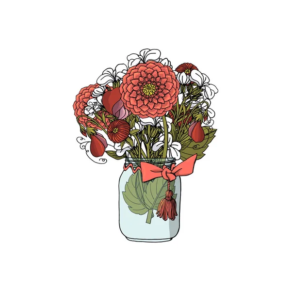 Bouquets de estilo doodle desenhado à mão de flores diferentes, dália, flor de estoque, ervilha doce . —  Vetores de Stock