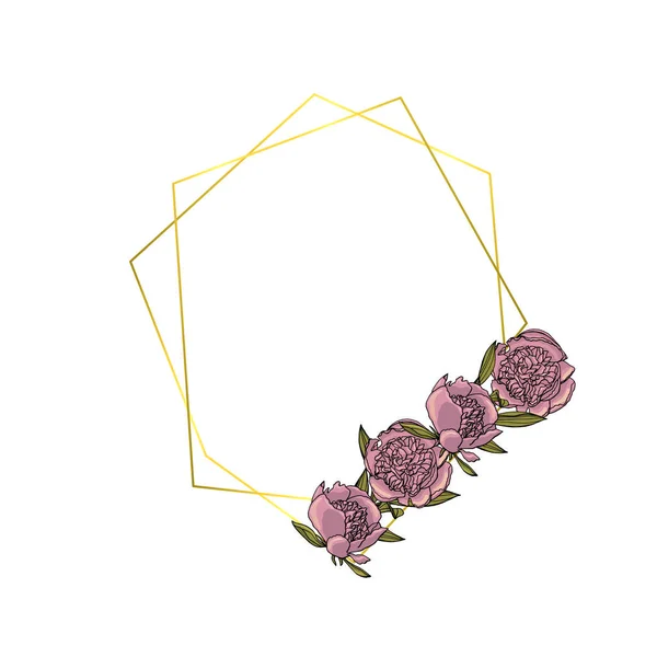 Corona de flores de peonía violeta estilo garabato dibujado a mano con poligona — Vector de stock