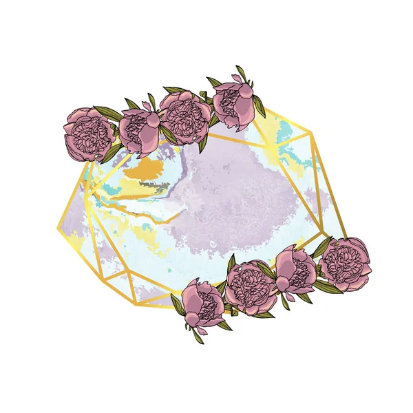 Handgezeichneter Doodle-Stil violette Pfingstrose Blumenkranz mit Polygona — Stockvektor