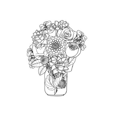 Farklı çiçeklerin el çizilmiş doodle tarzı buketleri izole