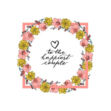 El çizilmiş doodle tarzı sulu ve orkide çiçek çelenk çizilmiş