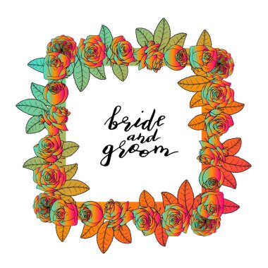 El çizilmiş doodle tarzı gül çiçeklerkare çelenk. çiçek desig