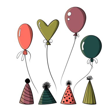 doğum günü koni şapka ve renkli balonlar kümesi. WHI üzerinde izole