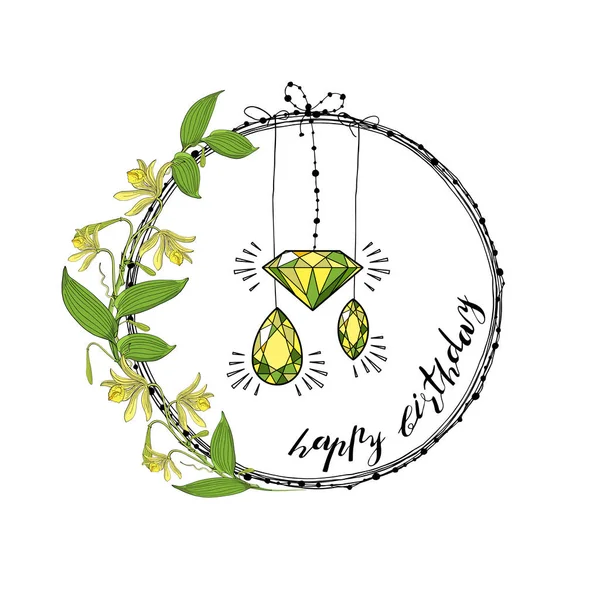 Ευχετήρια κάρτα με στεφάνι από λουλούδια ορχιδέας, διαμαντιών και πολύτιμων λίθων s — Διανυσματικό Αρχείο