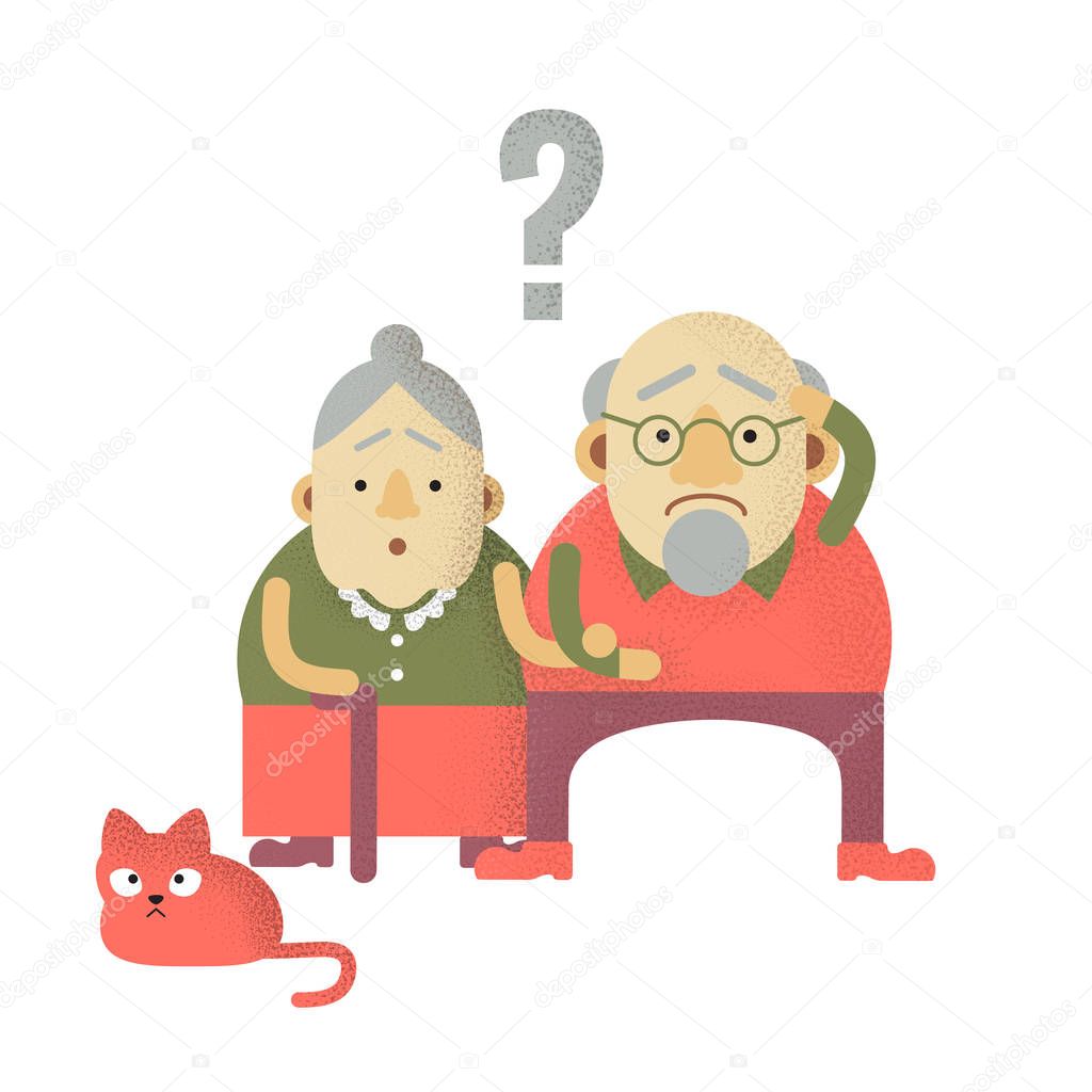 Elderly man and woman with dementia in confused state of mind, their domestic cat is upset too
