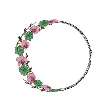 El çizilmiş doodle tarzı asimetrik sulu ve orkide çiçekler 