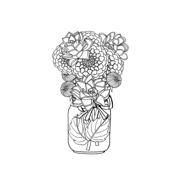 Hand gezeichnete Doodle-Stil Sträuße mit verschiedenen Blumen: Dahlie; s — Stockvektor